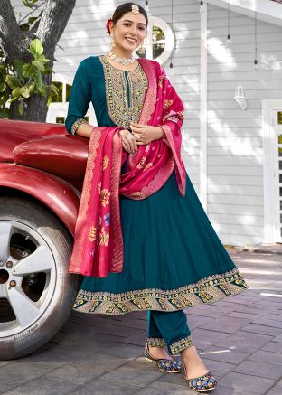 Teal Blue Readymade Embroidered Anarkali Pant Suit