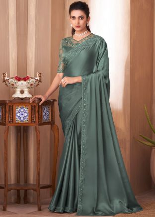 Green Embroidered Saree In Art Silk