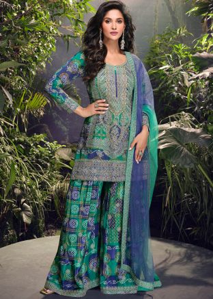 Blue Embroidered Chiffon Salwar Suit Set