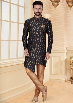 Readymade Black Woven Sherwani Set In Jacquard