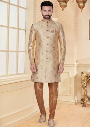 Woven Cream Readymade Sherwani Set For Men