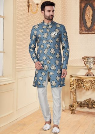 Blue Readymade Sherwani With Floral Digital Print