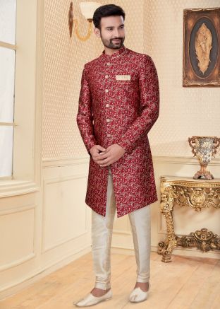 Readymade Churidar With Embroidered Maroon Sherwani