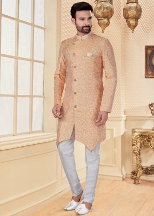 Asymmetric Readymade Embroidered Sherwani Set In Peach