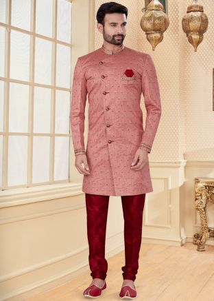 Pink Embroidered Readymade Sherwani With Churidar