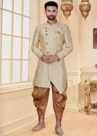 Cream Readymade Groom Sherwani With Dhoti