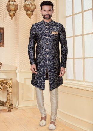 Readymade Blue Jacquard Sherwani With Embroidery