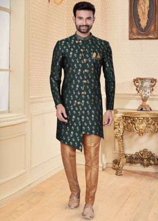 Readymade Pajama With Asymmetric Green Sherwani