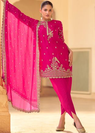 Pink Embroidered Salwar Suit Set In Silk