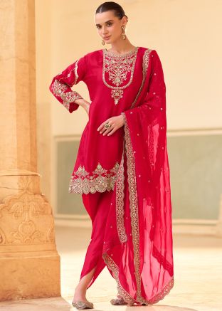 Red Embroidered Salwar Suit Set In Silk