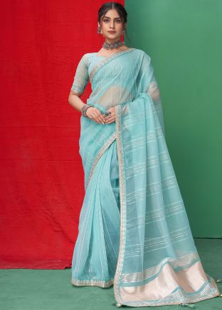 Blue Sequins Embroidered Saree In Organza
