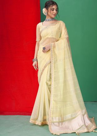 Yellow Sequins Embroidered Saree In Organza