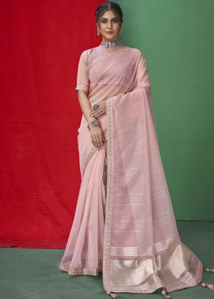 Pink Embroidered Saree In Organza