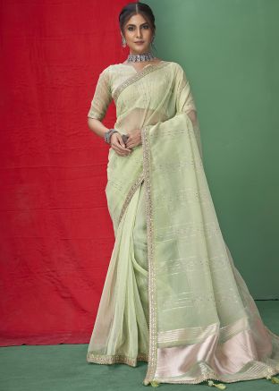 Green Embroidered Saree In Organza