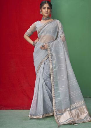 Grey Sequins Embroidered Saree In Organza