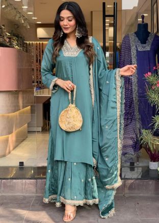 Readymade Blue Embroidered Sharara Suit In Chiffon