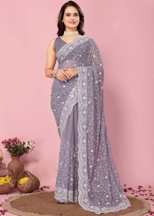 Grey Embroidered Saree In Georgette