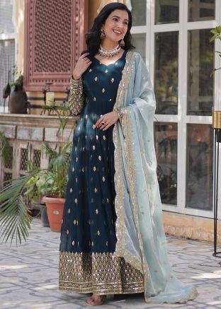 Readymade Teal Blue Embroidered Anarkali Suit Set
