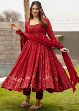 Readymade Maroon Embroidered Georgette Anarkali Suit