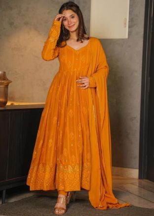 Yellow Readymade Embroidered AnarkaIi Suit Set
