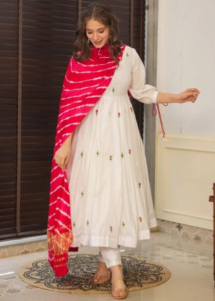 Readymade White Embroidered Anarkali Suit