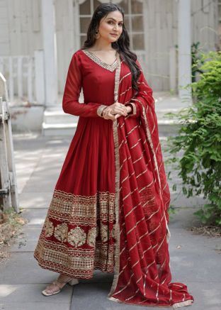 Maroon Embroidered Readymade Anarkali Suit In Cotton