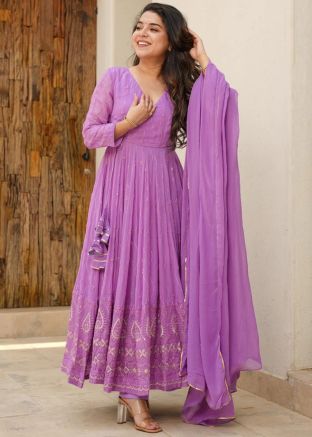 Lavender Embroidered Readymade Angrakha Style Suit