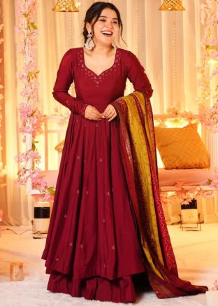 Readymade Maroon Printed Anarkali Suit in Silk