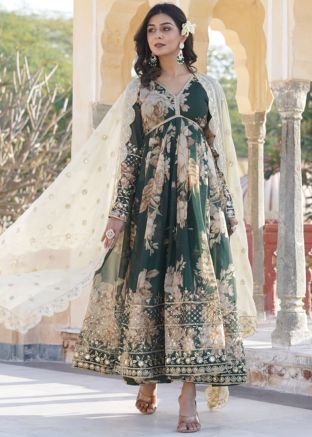 Readymade Green Floral Print Anarkali Suit