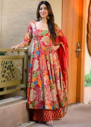 Multicolor Floral Print Readymade Anarkali Suit