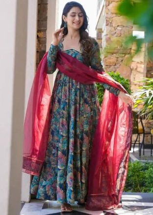 Blue Floral Print Readymade Anarkali Suit