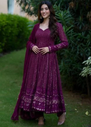 Readymade Purple Embroidered Anarkali Suit In Cotton
