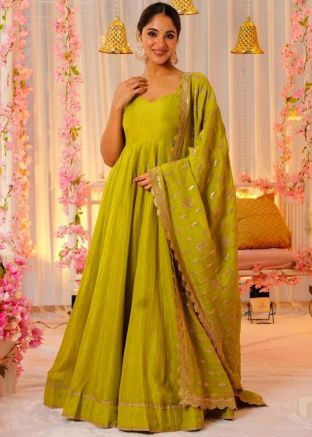Parrot Green Embroidered Readymade Anarkali Suit