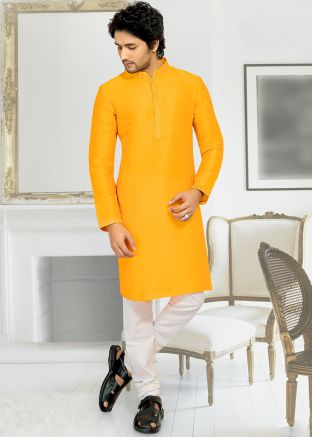 Yellow Plain Silk Readymade Kurta Pajama