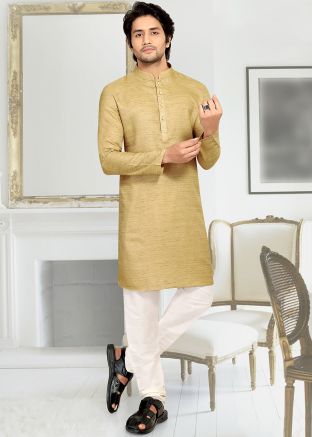 Beige Plain Silk Readymade Kurta Pyjama