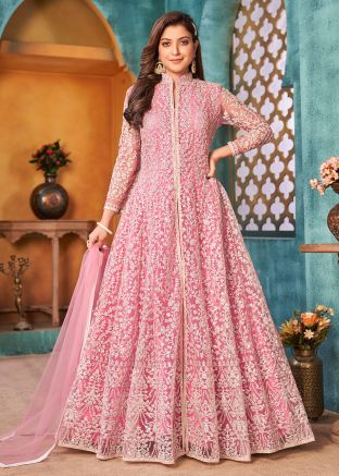 Pink Embroidered Salwar Suit Set In Net