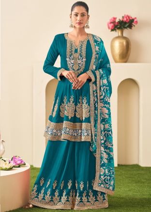 Readymade Blue Embroidered Sharara Suit Set