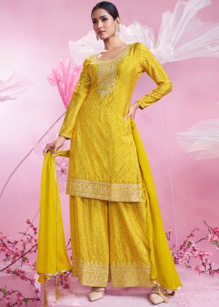 Readymade Yellow Bandhej Print Chiffon Palazzo Suit Set