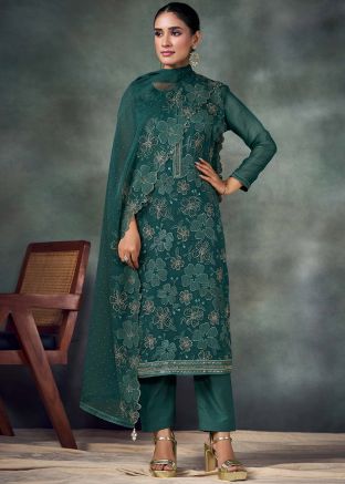 Teal Blue Embroidered Chiffon Pant Suit