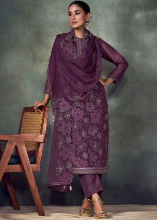 Purple Embroidered Pant Suit In Chiffon