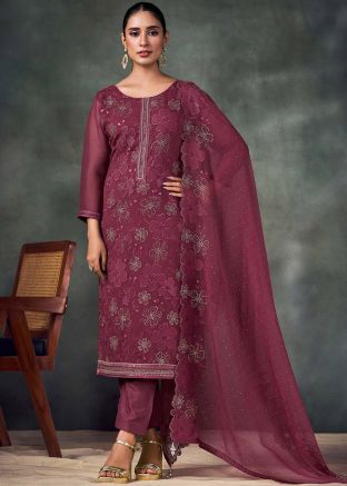 Mauve Pink Embroidered Pant Style Suit