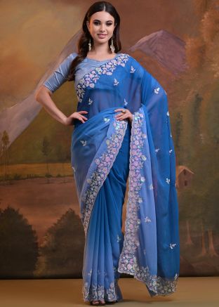 Blue Sequins Embroidered Saree In Georgette