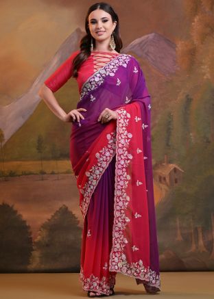 Purple & Red Embroidered Saree In Georgette