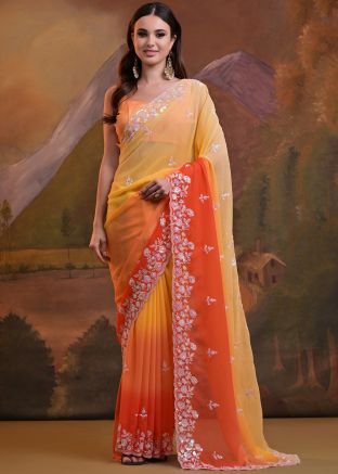 Yellow & Orange Embroidered Saree In Georgette