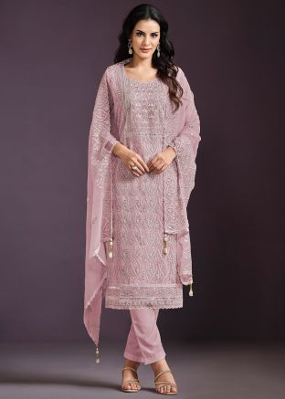 Pink Embroidered Chiffon Pant Suit Set