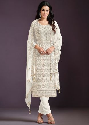 Cream Zari Embroidered Chiffon Pant Suit