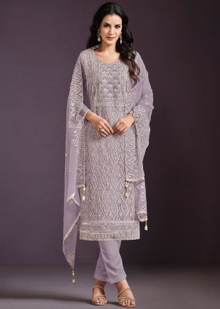 Mauve Purple Chiffon Pant Suit In Zari Embroidery