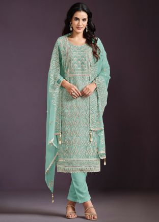 Pastel Green Embroidered Pant Suit In Chiffon
