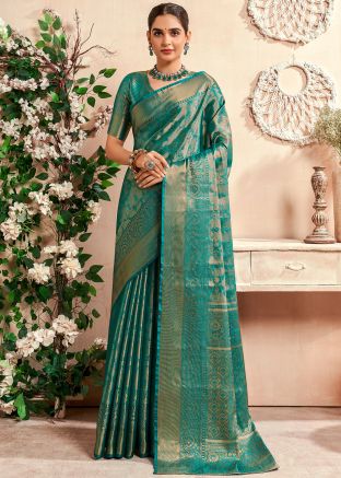 Teal Green Woven Border Saree