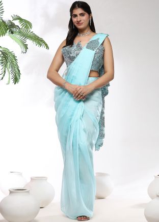 Ice Blue Embroidered Organza Readymade Saree